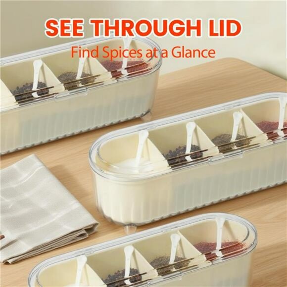 Clear spice organizer box with 4 compartments lids and spoons kitchen storage se - Picture 6 of 8